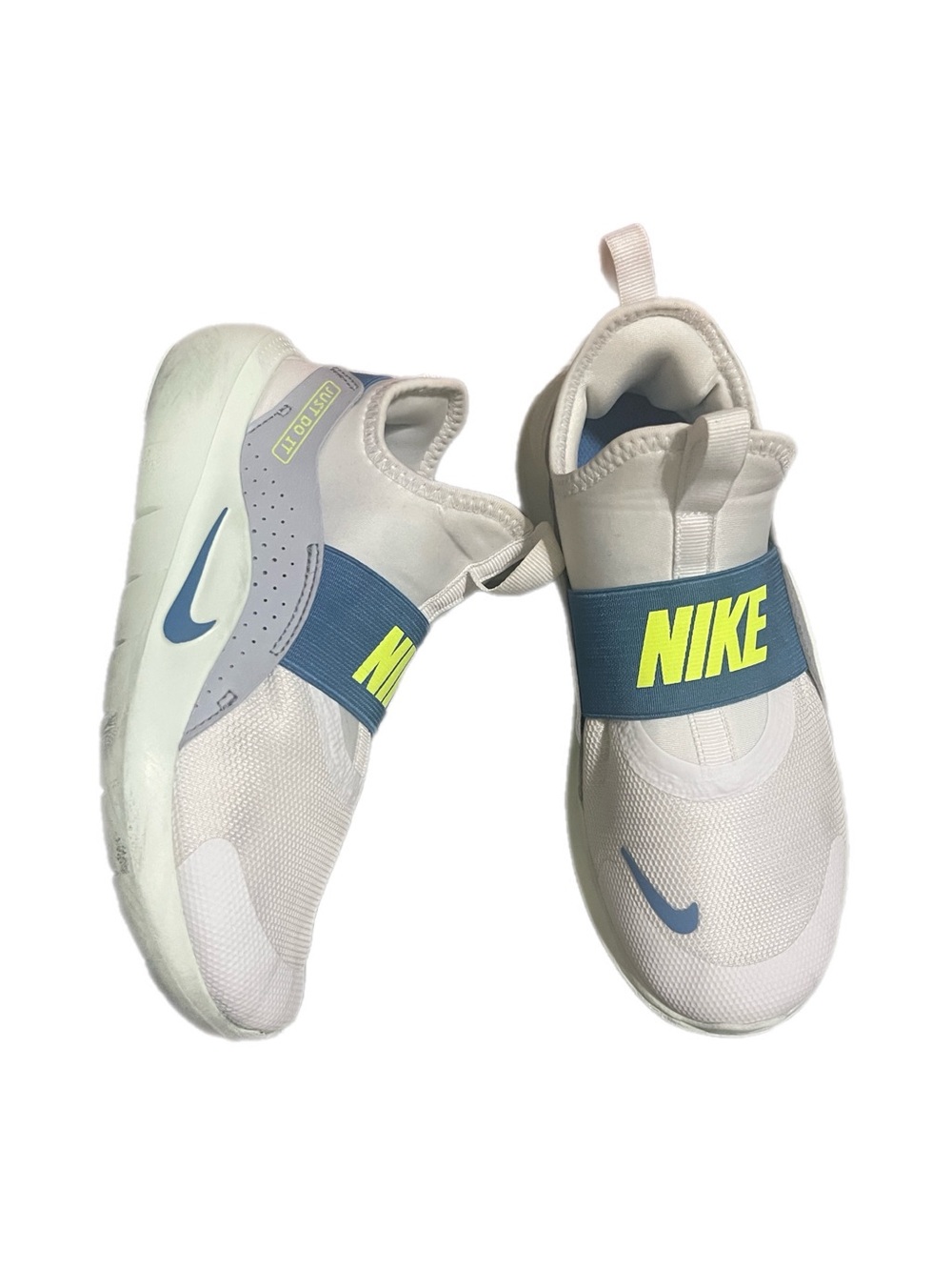 Nike Kids Slip-On Sneakers in White with Blue and Neon Yellow